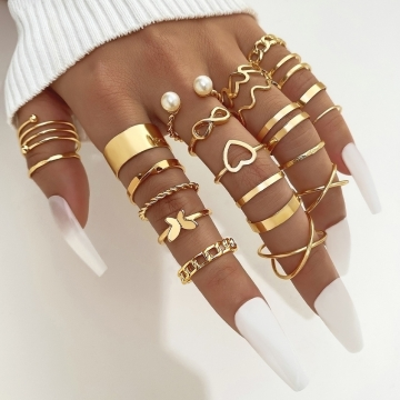 25pcs Elegant Stacking Rings Trendy Infinity Chain Knot Design Inlaid Rhinestone Golden Or Silvery Make Your Call Match Daily Outfits 01 One Size