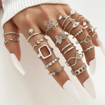 25pcs Elegant Stacking Rings Trendy Infinity Chain Knot Design Inlaid Rhinestone Golden Or Silvery Make Your Call Match Daily Outfits 01 One Size