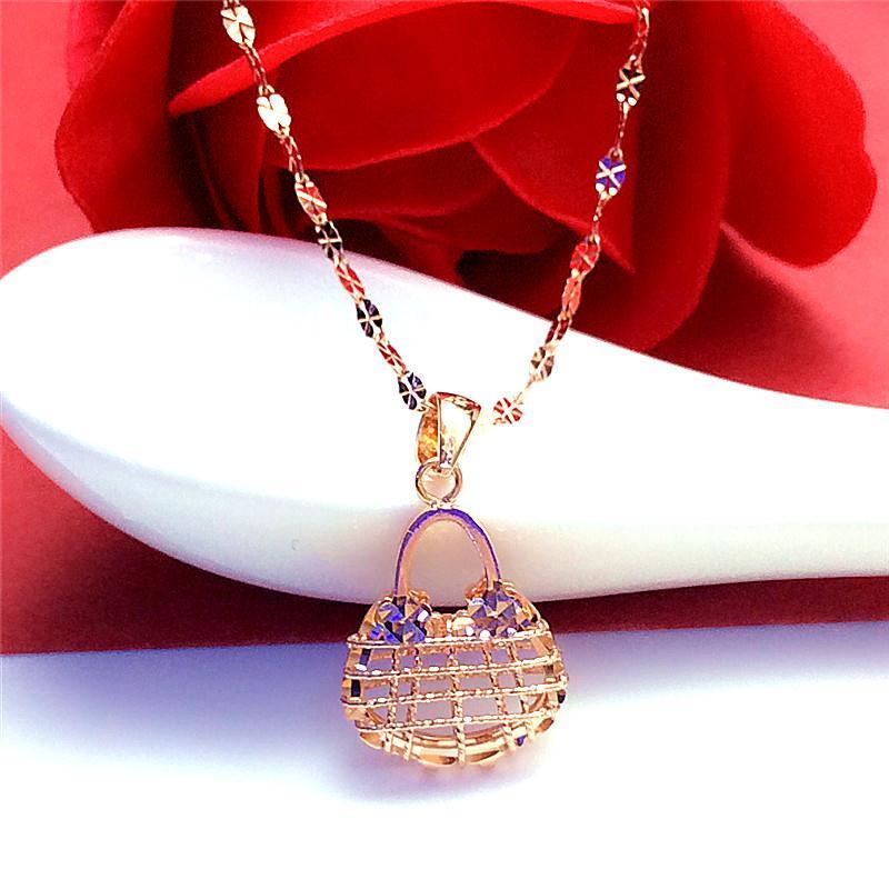Russian 585 purple gold hollow out twisted bag pendant fashion S925 pure silver stylish rose gold color gold necklace 1 Medium