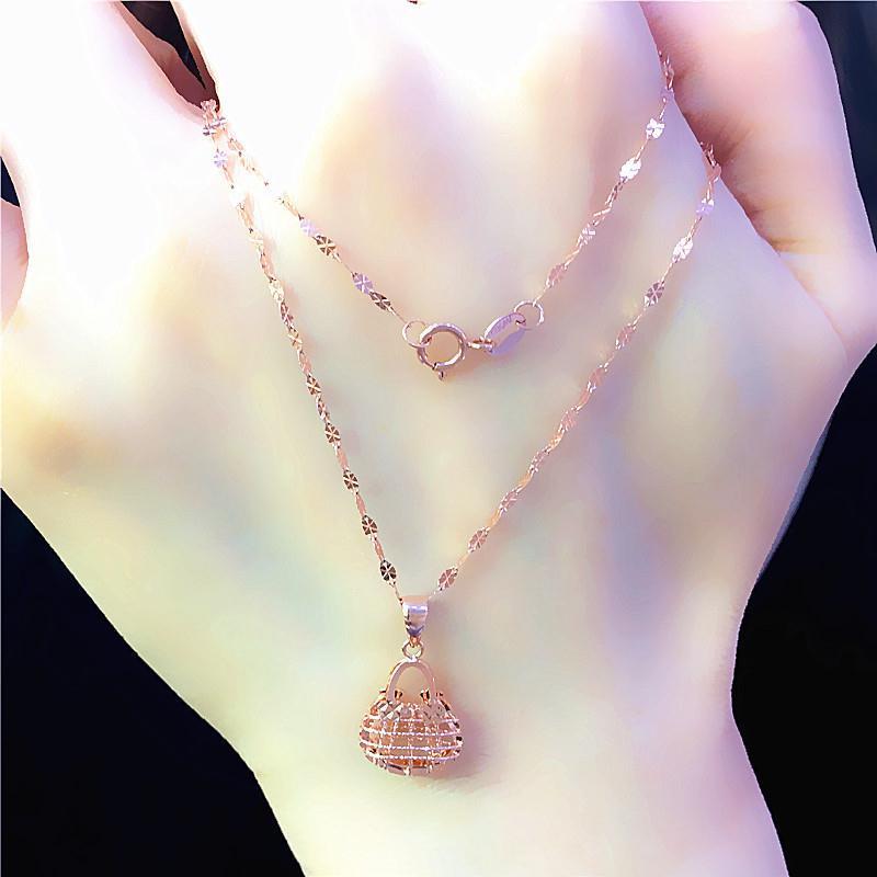 Russian 585 purple gold hollow out twisted bag pendant fashion S925 pure silver stylish rose gold color gold necklace 1 Medium