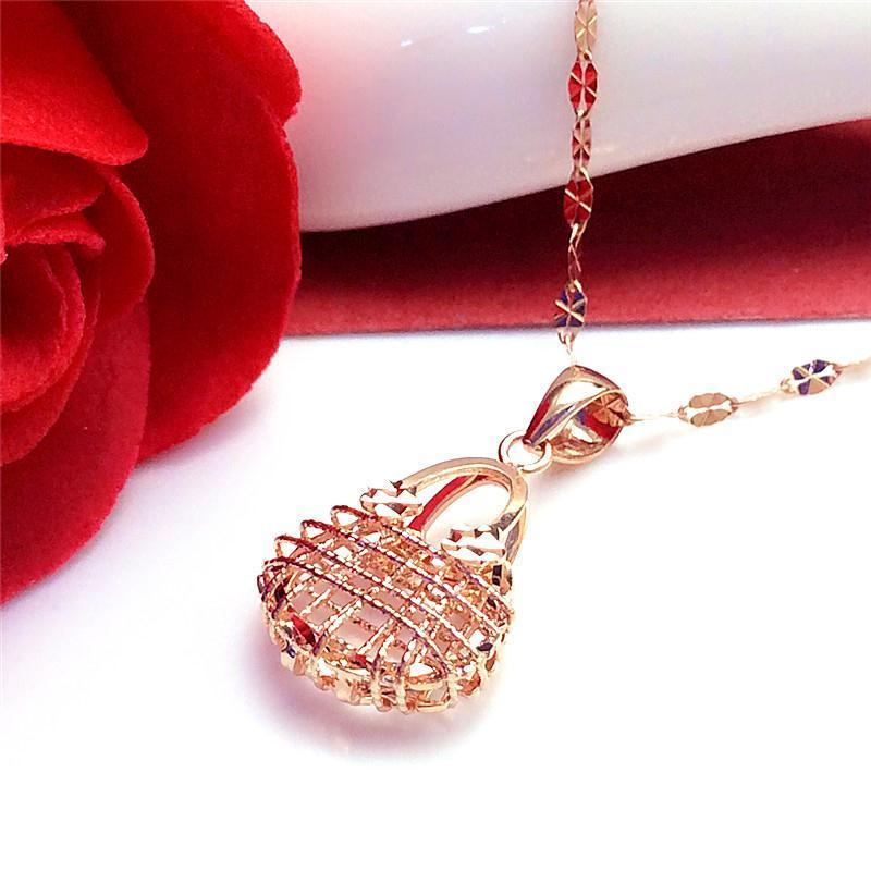 Russian 585 purple gold hollow out twisted bag pendant fashion S925 pure silver stylish rose gold color gold necklace 1 Medium