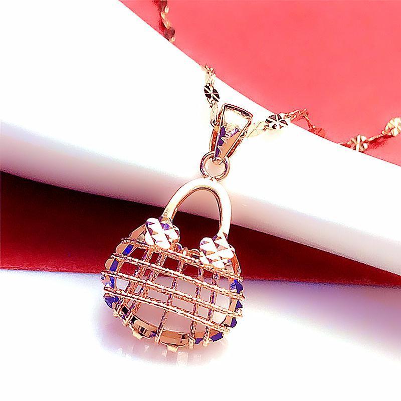 Russian 585 purple gold hollow out twisted bag pendant fashion S925 pure silver stylish rose gold color gold necklace 1 Medium