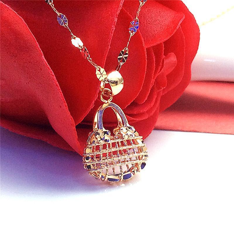 Russian 585 purple gold hollow out twisted bag pendant fashion S925 pure silver stylish rose gold color gold necklace 1 Medium