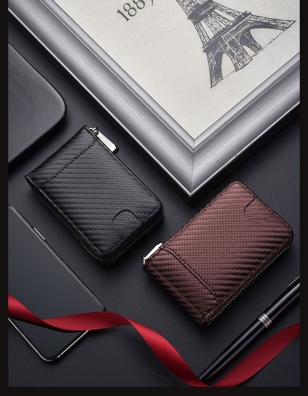 Anti-theft RFID card holder; anti-demagnetization driver's license card holder; carbon fiber pattern zipper accordion women's credit card holder Color 1 Trumpet