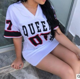 Cross border new European and American women's dress casual hip-hop 07 letter print spring/summer short sleeved T-shirt dress for women white S