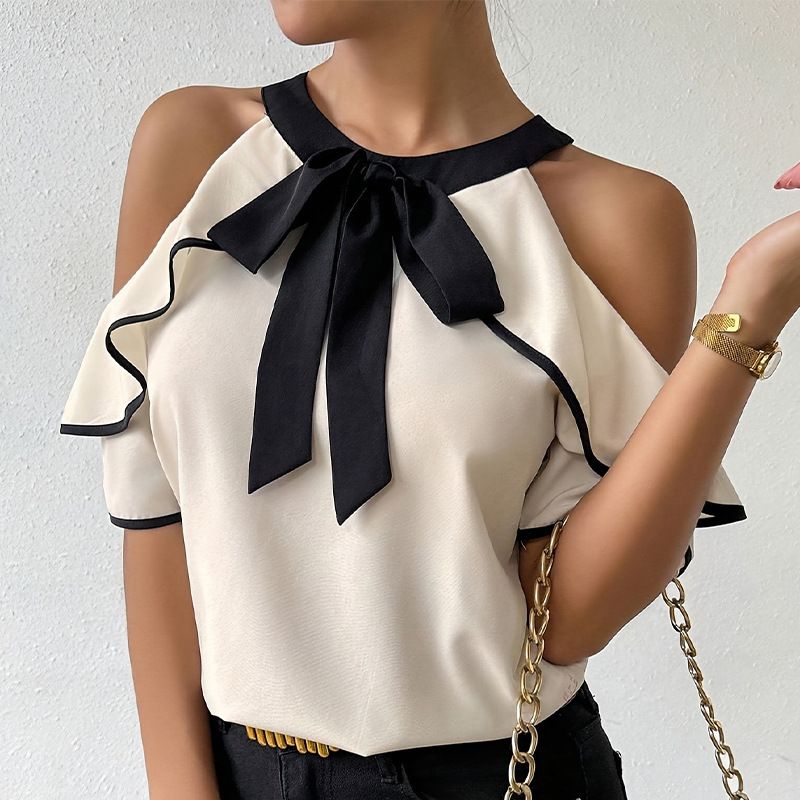 European and American style double layered short sleeved shirt with bow collar, shirt pullover 01 S