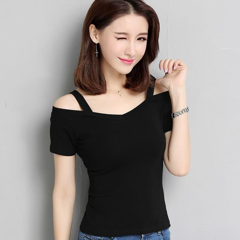 summer new Korean version off shoulder camisole short sleeved T-shirt for women with a one neck off shoulder sexy slim fit student top black M