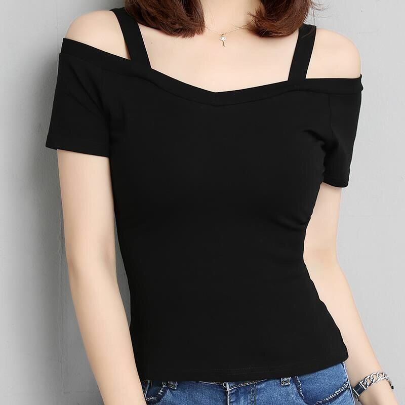 summer new Korean version off shoulder camisole short sleeved T-shirt for women with a one neck off shoulder sexy slim fit student top black M