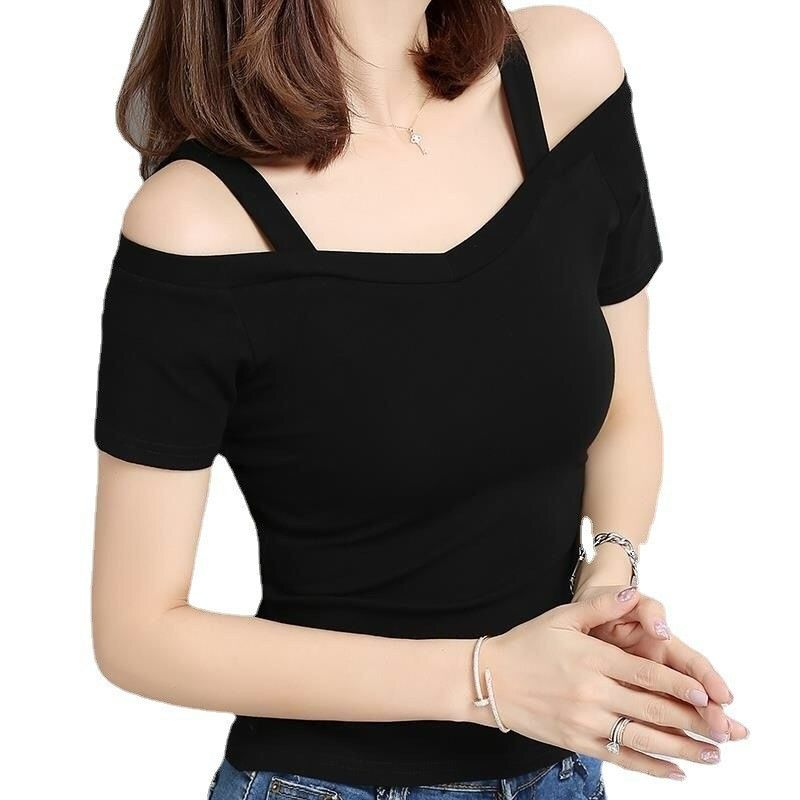 summer new Korean version off shoulder camisole short sleeved T-shirt for women with a one neck off shoulder sexy slim fit student top black M