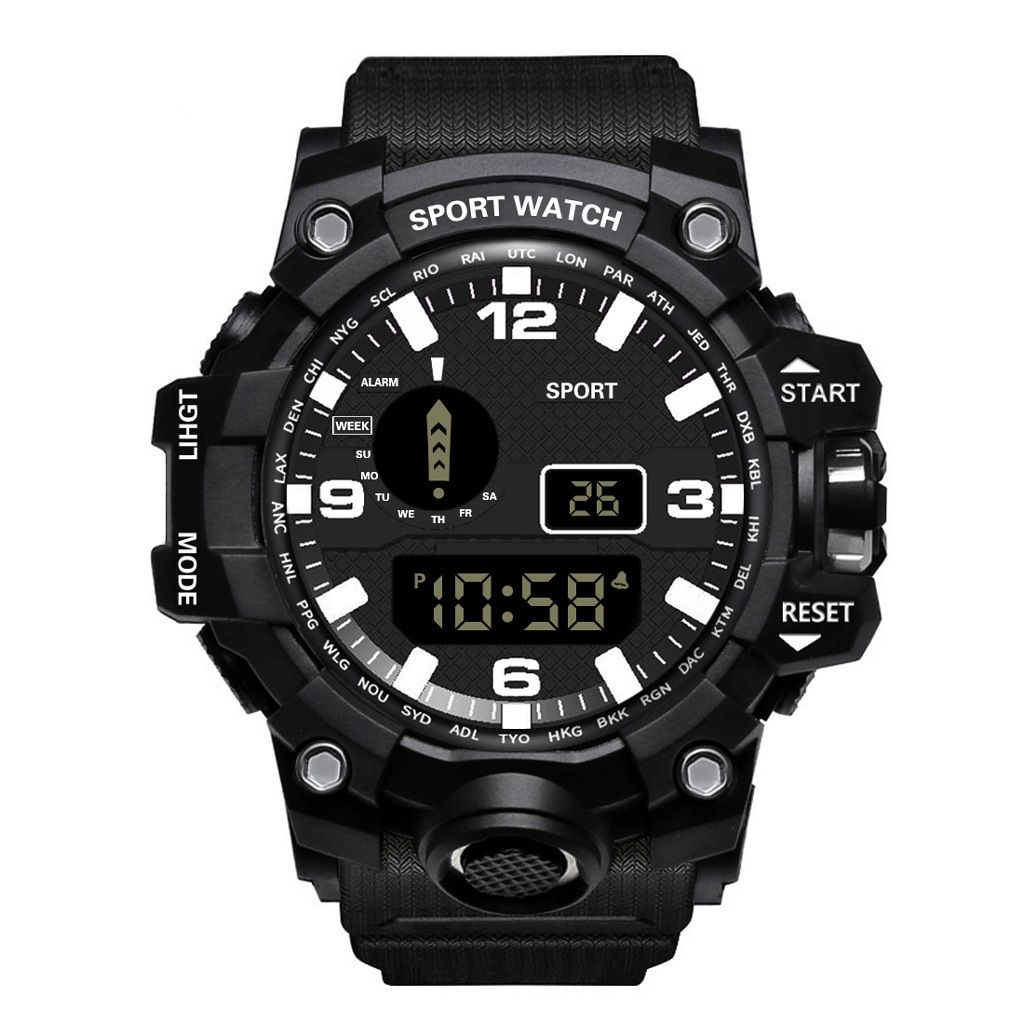 Multi functional anti fall and waterproof outdoor men's trendy electronic watch, student alarm clock, night light running sports mechanical watch black AS PICTURE