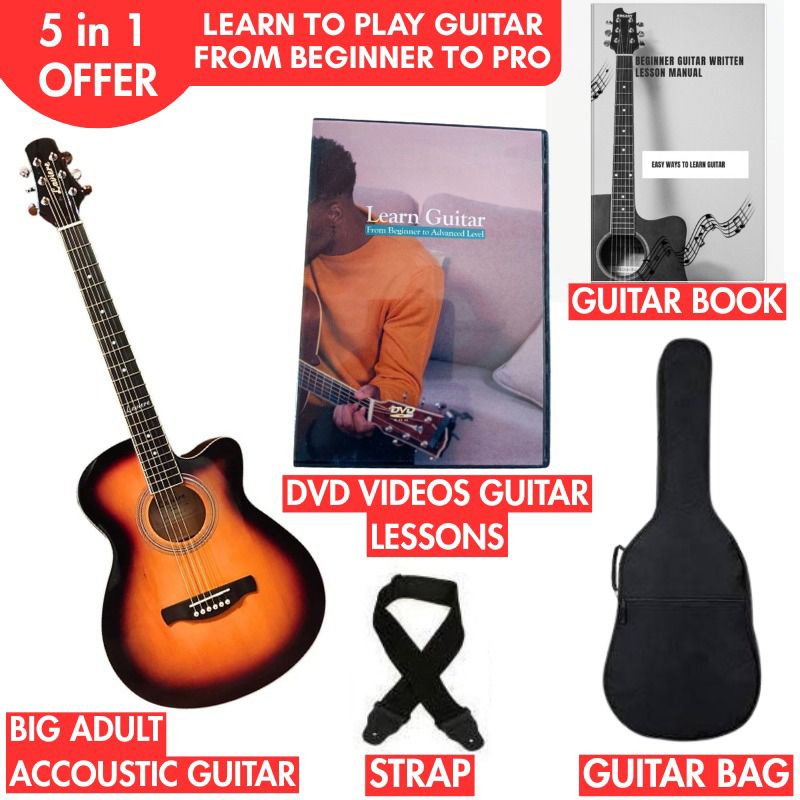 5-in-1 Acoustic Guitar Starter Kit – Adult Size Guitar + Book + DVD + Bag + Strap