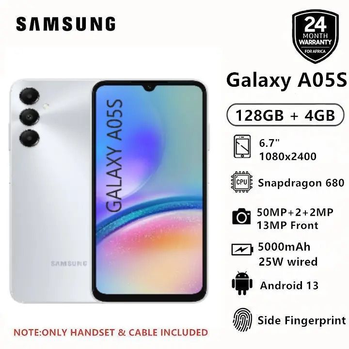 Samsung Galaxy A05S 128GB+4GB 50MP Triple Camera Snapdragon 680 6.7" 90Hz Display Android 13 5000mAh 25W Type-C Charge Smart Phones phone