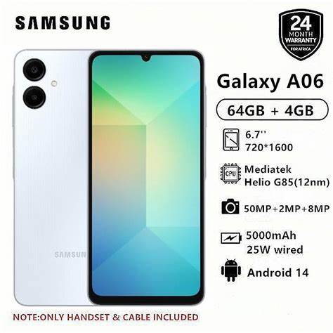 New Arrival Samsung Galaxy A06 128GB+4GB 50MP Camera 6.7" 90Hz MTK Helio G85 (12nm) 5000mAh 25W Type-C Charge Android 14 Side Fingerprint Unlock Smart Phones