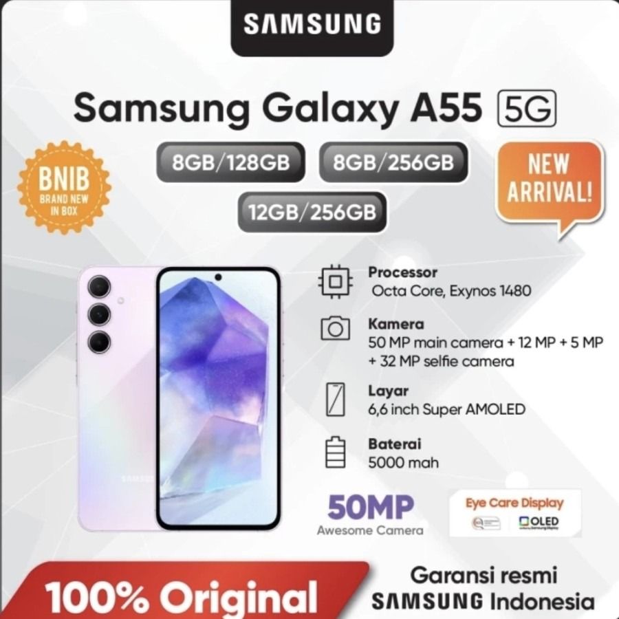 Samsung Galaxy A55 5G 128GB+6GB 120Hz 6.6" AMOLED 50MP Triple Camera IP67 Waterproof  5000mAh Battery capacity 25W Type-C  Fingerprint Unlock Android 14 Phone smartphones