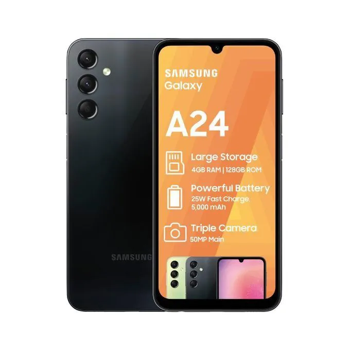 Samsung Galaxy A24 6.5" screen size 128GB ROM+4GB RAM dual 50MP Camera +13MP selfie 5000mAh battery capacity 4G network Android 13   Dual sim smartphone with 12 months warranty smartphone