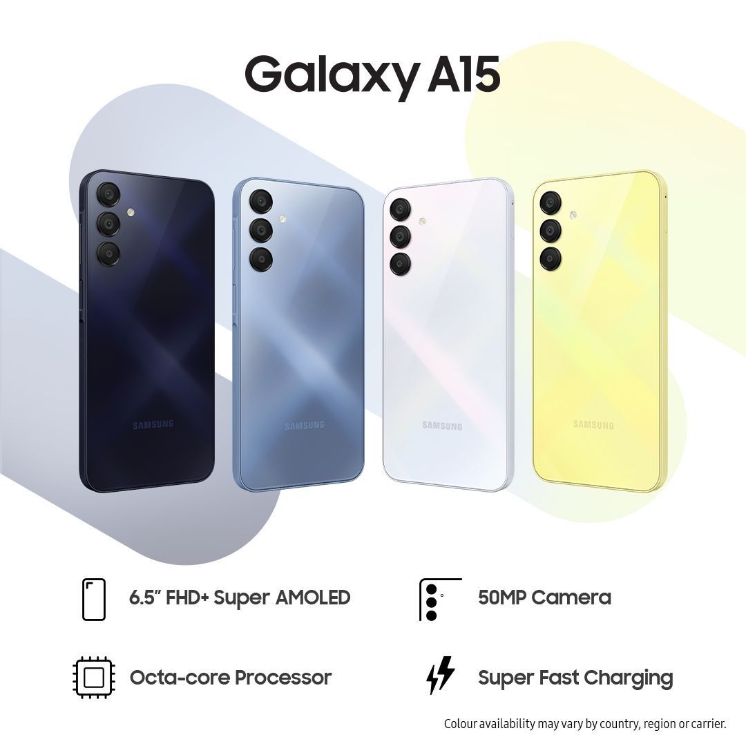 Samsung Galaxy A15 128GB+4GB RAM  50MP Triple Camera Mediatek Helio G99 6.5"  Display 90Hz refresh rate Android 14 5000mAh battery 25W Type-C Charge Smart Phones