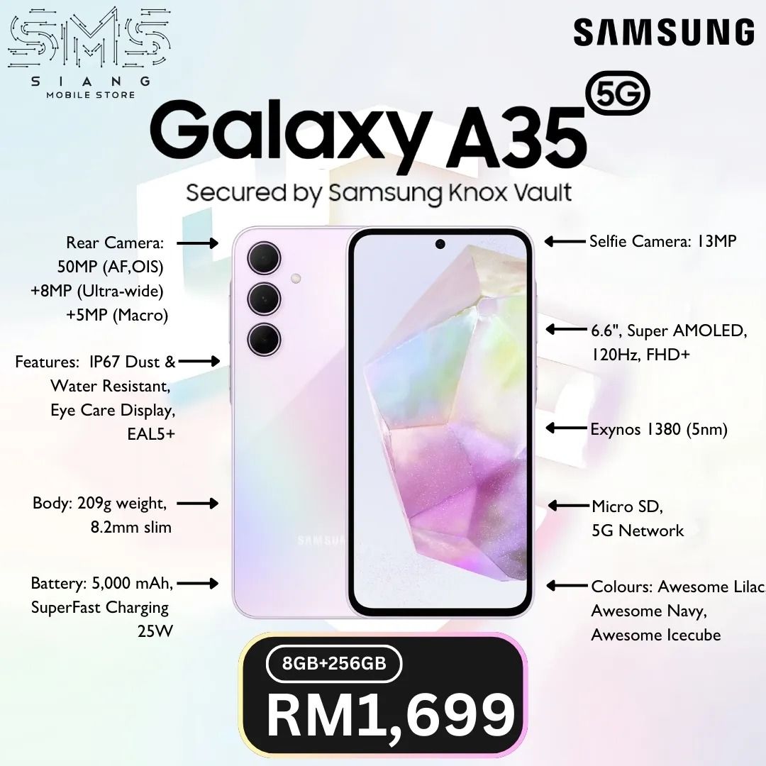 New Arrival Samsung Galaxy A35 5G 128GB+6GB RAM 120Hz Refresh rate 6.6" Display AMOLED 50MP Triple Camera Android 14 5000mAh 25W Fast charging Type-C Smart Phones Fingerprint Unlock smartphone