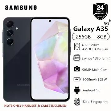 New Arrival Samsung Galaxy A35 5G 256GB+8GB RAM 120Hz Refresh rate 6.6" Display AMOLED 50MP Triple Camera Android 14 5000mAh 25W Fast charging Type-C Smart Phones Fingerprint Unlock smartphone