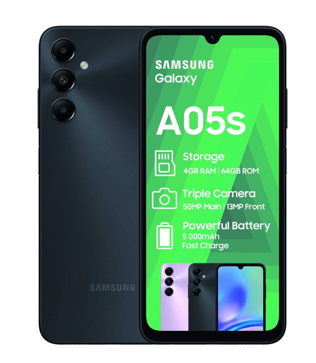SAMSUNG GALAXY A05s 64GB STORAGE 4GB RAM 6.7" FHD+ Display 50MP + 2MP + 2MP BACK CAM 13MP SELFIE CAM OCTA CORE PROCESSOR 5000mAh 25W TYPE C FAST CHARGING 4G NETWORK 2GHz,1.8GHz ANDROID 13 SMARTPHONES