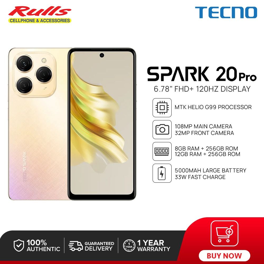 Tecno Spark 20 pro 256GB Upto 16GB(8+8)GB RAM 6.78'' HD Screen 120Hz 108MP Main CAMERA 32MP Selfie Camera Mediatek G99 PROCESSOR 5000mAh 33W Type C fast charger DUAL SIM 4G ANDROID 13 SMARTPHONE