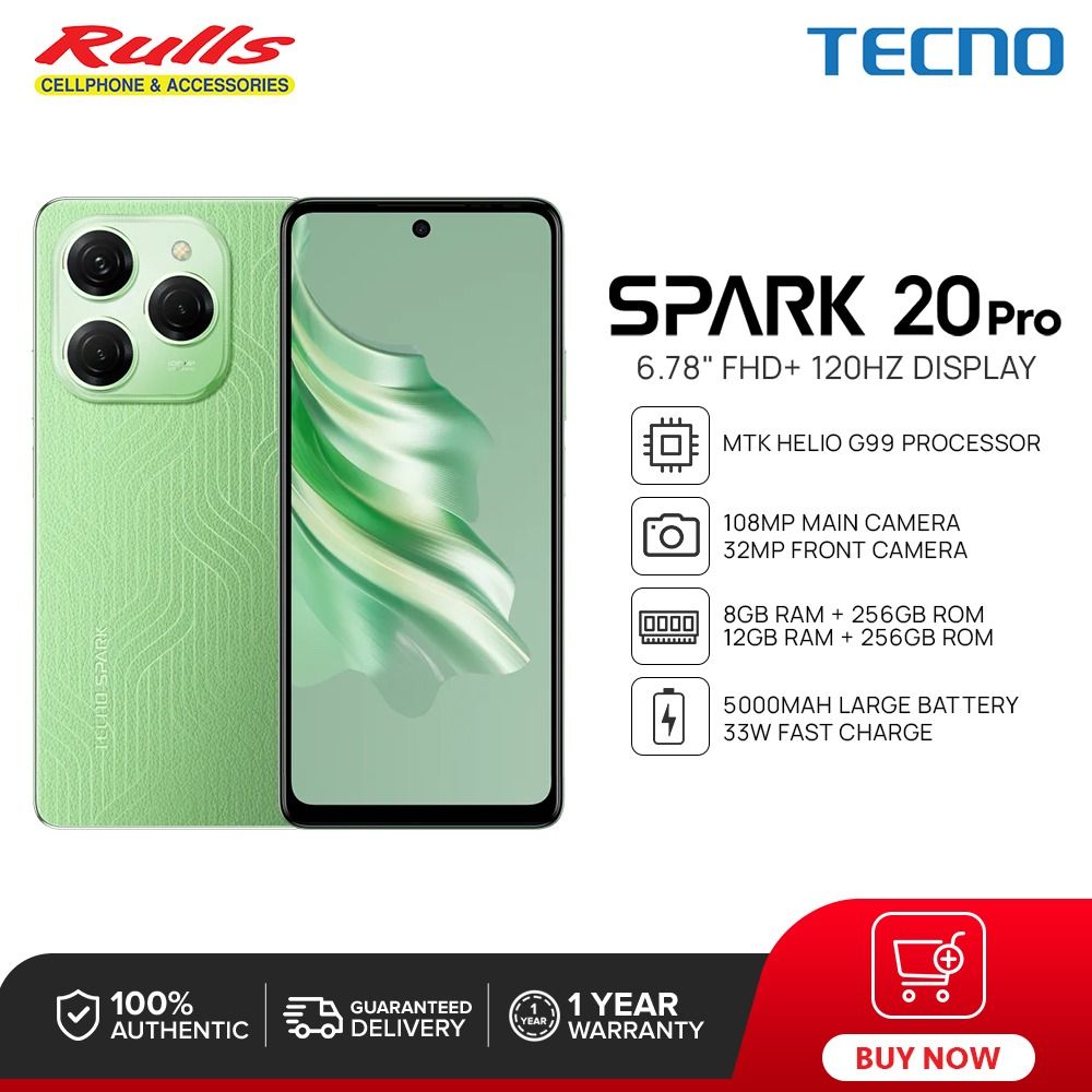Tecno Spark 20 pro 256GB Upto 16GB(8+8)GB RAM 6.78'' HD Screen 120Hz 108MP Main CAMERA 32MP Selfie Camera Mediatek G99 PROCESSOR 5000mAh 33W Type C fast charger DUAL SIM 4G ANDROID 13 SMARTPHONE