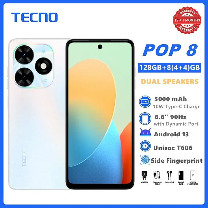 Tecno Pop 8 128GB Internal Storage 8GB RAM( 4GB + 4GB Extended RAM) 13MP Camera 6.6 Inches Full Screen Display 5000mAh 10W Type C Android 13 SMART PHONE