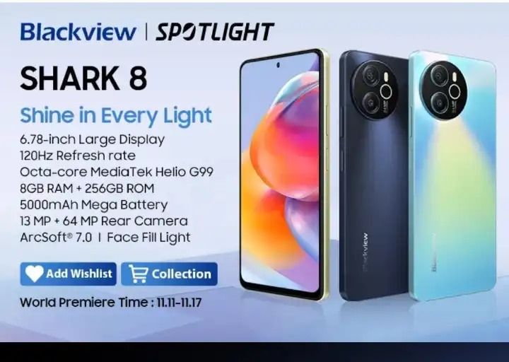 Brand New Blackview Shark 8 256GB Storage Upto 16GBRAM(8+8)GB 6.78'' FHD + IPS INCELL Display 5000mAh Battery 64MP Rear Camera + VGA 13MP Front Camera Side Fingerprint Sensor Smartphones