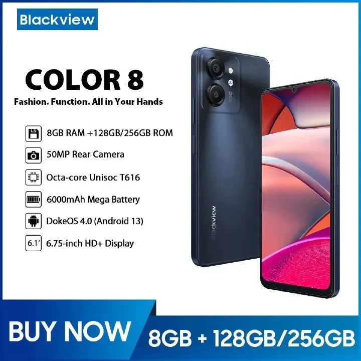 [NEW ARRIVAL] BLACKVIEW COLOR 8 8 GB RAM 256 GB ROM PS LCD, 90Hz,Android 13, Unisoc Tiger T616 (12 nm) Unisoc Tiger T616 (12 nm) 6000 mAh Nano-SIM + Nano-SIM smartphones