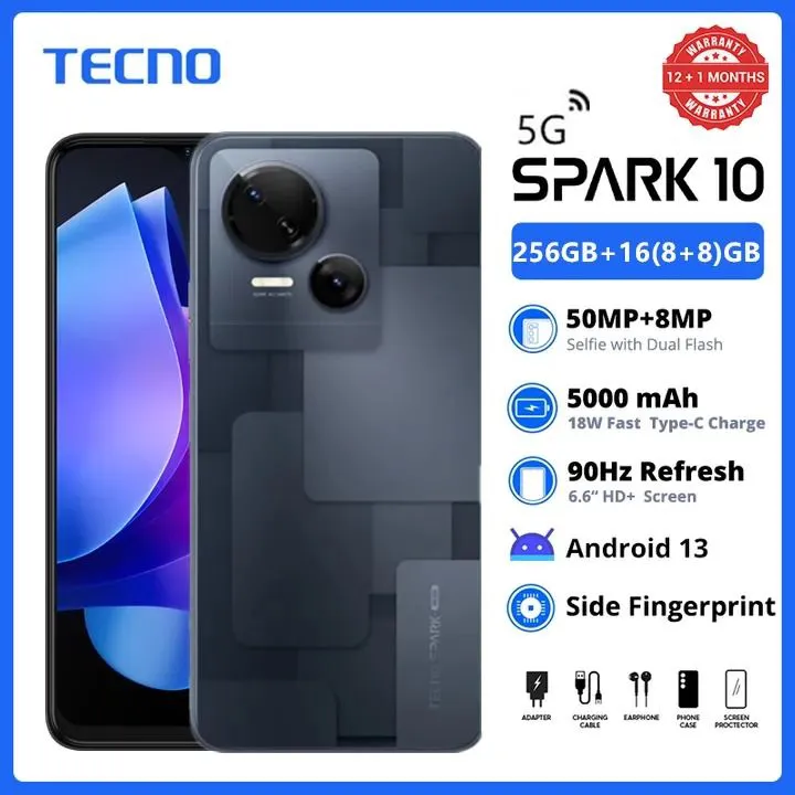 TECNO SPARK 10 5G 256GB internal storage +16(8+8)GB RAM 50MP Ultra Clear Camera Android 13 90Hz Refresh rate  6.6" HD+ Display Dual SIM 5000mAh + 18W type c fast charger smartphones