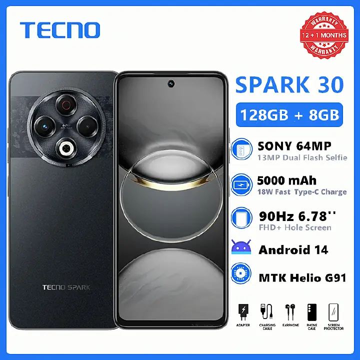 [NEW ARRIVAL] TECNO SPARK 30 MediaTek Helio G91 128GB ROM + 8GB(4GB+4GB)  RAM  6.7 INCH DISPLAY 64MP+13MP selfie  5,000mAh ANDROID 14 SMARTPHONE
