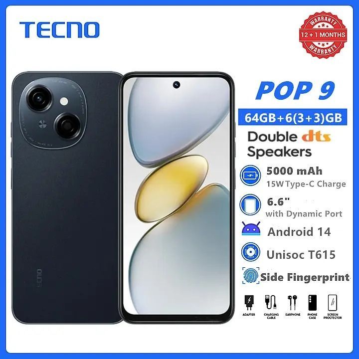 New Arrival TECNO POP 9 128GB + 4GB 4.5G Fast Network 6.6" 120Hz Hole Screen Dual Speakers IP54 Waterproof 13MP 5000mAh Type-C Android 14 Dual SIM Side Fingerprint Unlock  Smart Phones