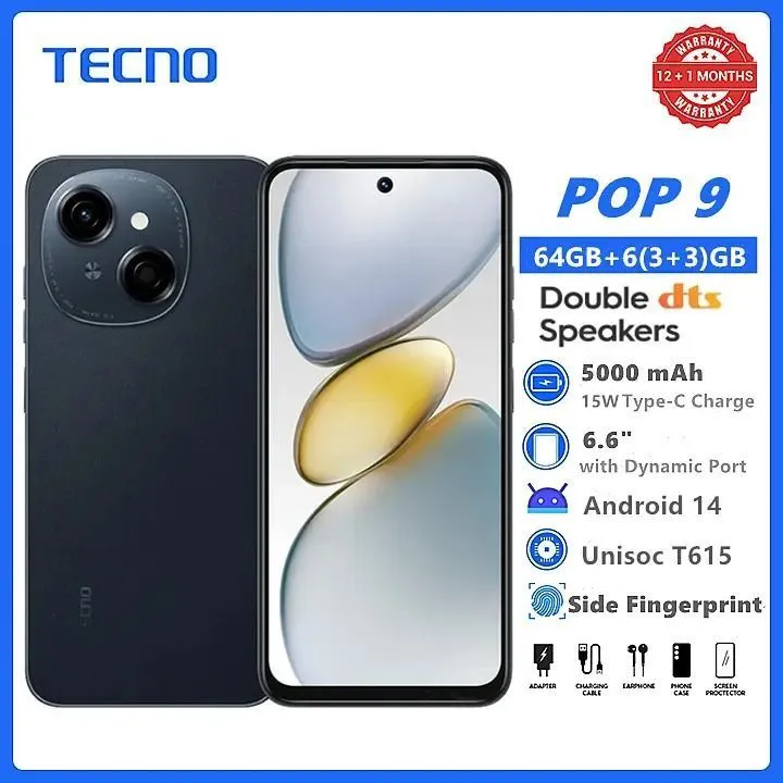 New Arrival TECNO POP 9 128GB + 4GB 4.5G Fast Network 6.6" 120Hz Hole Screen Dual Speakers IP54 Waterproof 13MP 5000mAh Type-C Android 14 Dual SIM Side Fingerprint Unlock  Smart Phones