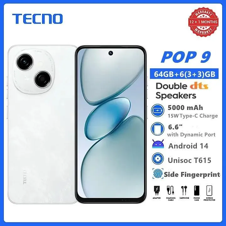 New Arrival TECNO POP 9 64GB + 6(3+3)GB 4.5G Fast Network 6.6" 120Hz Hole Screen Dual Speakers IP54 Waterproof 13MP 5000mAh Type-C Android 14 Dual SIM  Side Fingerprint Unlock Smart Phones