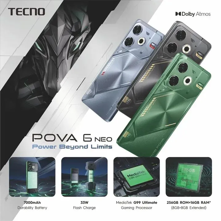 Brand New Tecno Pova 6 Neo 6.78" FHD+ 120Hz 256GB+16(8+8)GB RAM MTK Helio G99 Ultimate 33W 7000mAh 50MP MAIN CAMERA 8.0MP SELFIE Dual Speaker Android 14 Dual Sim Smart Phone