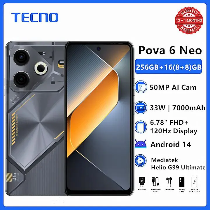 Brand New Tecno Pova 6 Neo 6.78" FHD+ 120Hz 256GB+16(8+8)GB RAM MTK Helio G99 Ultimate 33W 7000mAh 50MP MAIN CAMERA 8.0MP SELFIE Dual Speaker Android 14 Dual Sim Smart Phone