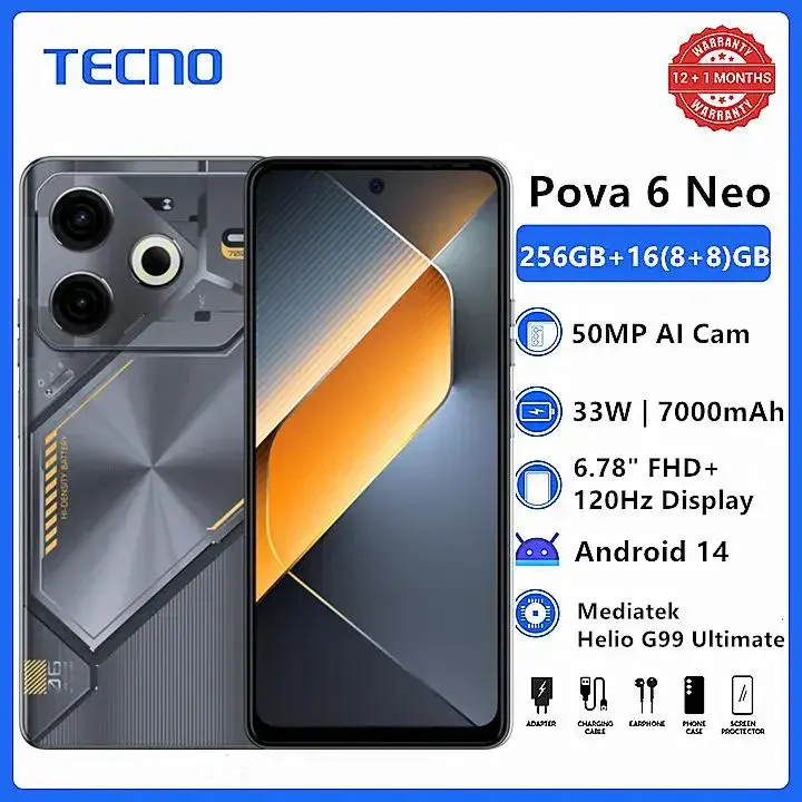Brand New Tecno Pova 6 Neo 6.78" FHD+ 120Hz 256GB+16(8+8)GB RAM MTK Helio G99 Ultimate 33W 7000mAh 50MP MAIN CAMERA 8.0MP SELFIE Dual Speaker Android 14 Dual Sim Smart Phone