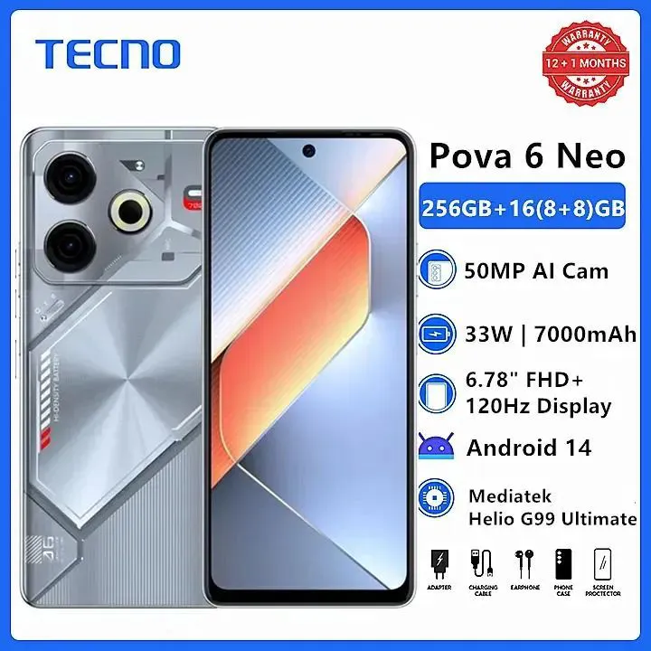 Brand New Tecno Pova 6 Neo 6.78" FHD+ 120Hz 256GB+16(8+8)GB RAM MTK Helio G99 Ultimate 33W 7000mAh 50MP MAIN CAMERA 8.0MP SELFIE Dual Speaker Android 14 Dual Sim Smart Phone