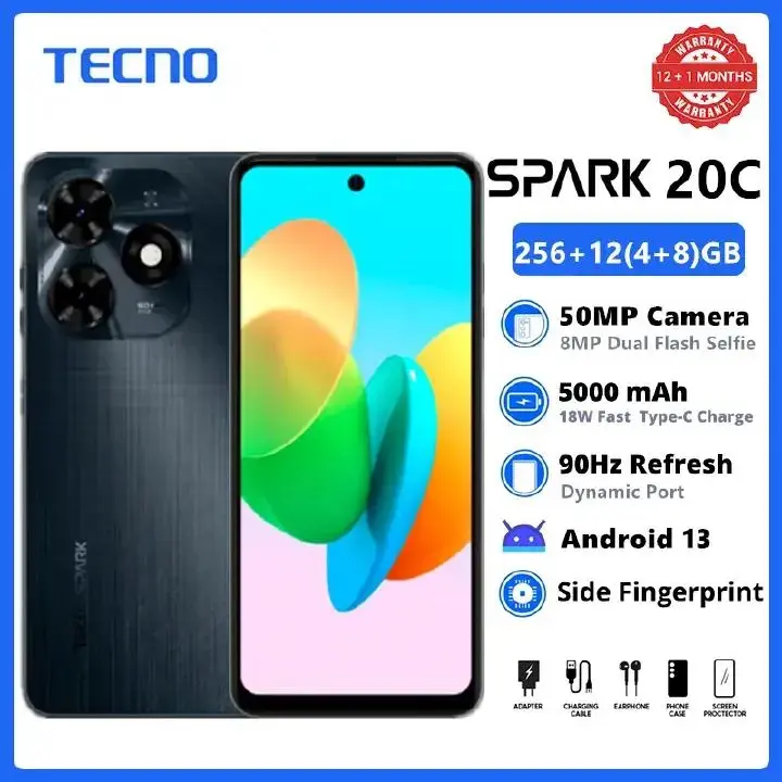 [Super Brand] TECNO SPARK 20C 256GB/128GB + 12(4+8)GB/8(4+4)GB RAM 6.6" 90Hz 50MP 5000mAh 18W Type-C Fast Charge Dual Speaker Dual SIM 4G Side Fingerprint Smart Phones