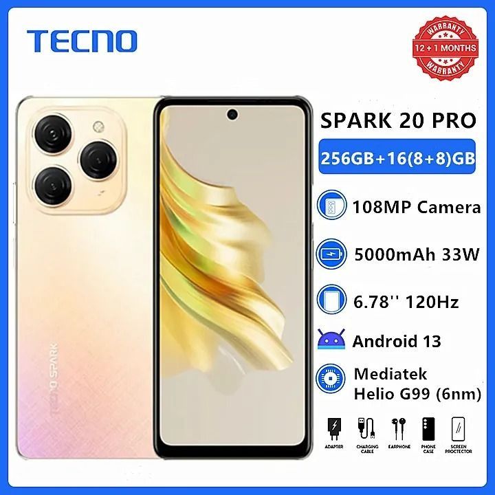 [Super Brand] TECNO SPARK 20 PRO 256GB+16(8+8)GB RAM 108MP Triple Camera + 32MP Front Camera120Hz 6.78" Mediatek Helio G99 Dual Speakers Android 13 5000mAh 33W Smart Phones