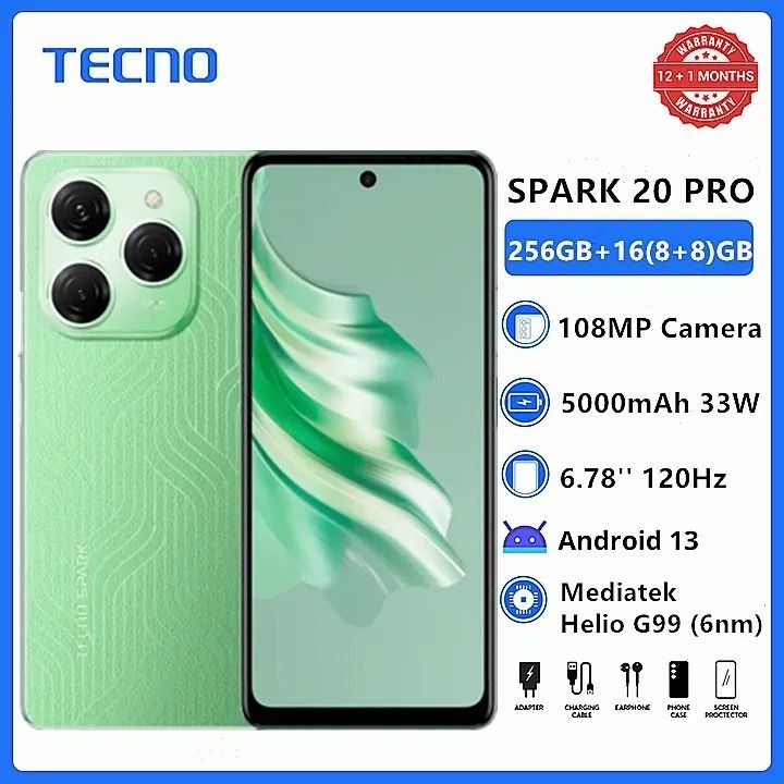 [Super Brand] TECNO SPARK 20 PRO 256GB+16(8+8)GB RAM 108MP Triple Camera + 32MP Front Camera120Hz 6.78" Mediatek Helio G99 Dual Speakers Android 13 5000mAh 33W Smart Phones