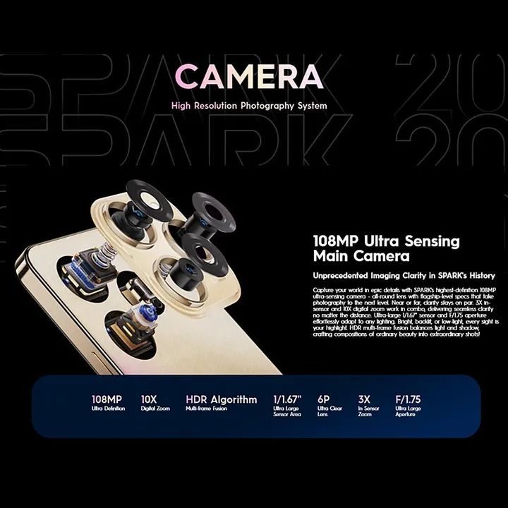 [Super Brand] TECNO SPARK 20 PRO 256GB+16(8+8)GB RAM 108MP Triple Camera + 32MP Front Camera120Hz 6.78" Mediatek Helio G99 Dual Speakers Android 13 5000mAh 33W Smart Phones