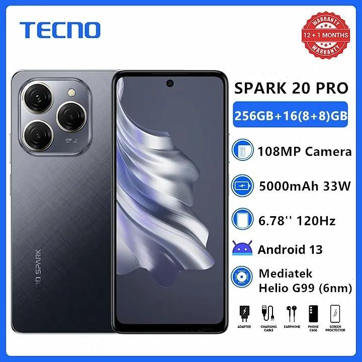 [Super Brand] TECNO SPARK 20 PRO 256GB+16(8+8)GB RAM 108MP Triple Camera + 32MP Front Camera120Hz 6.78" Mediatek Helio G99 Dual Speakers Android 13 5000mAh 33W Smart Phones