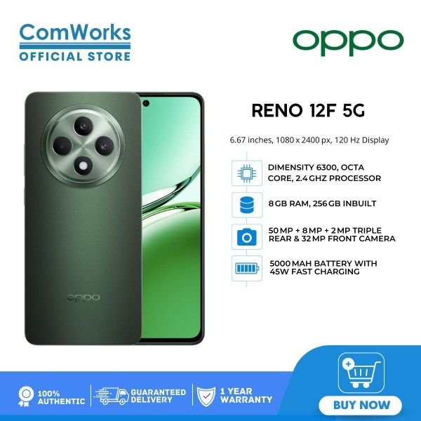 Oppo Reno 12F 4G Key Features RAM: 8GB Storage: 256GB OS:  , ColorOS 14 Camera: 50MP + 8MP + 2MP Selfie: 32MP Display: 6.67 inch, AMOLED,120Hz Processor: Qualcomm SM6225 Android 14 ,SMARTPHONES