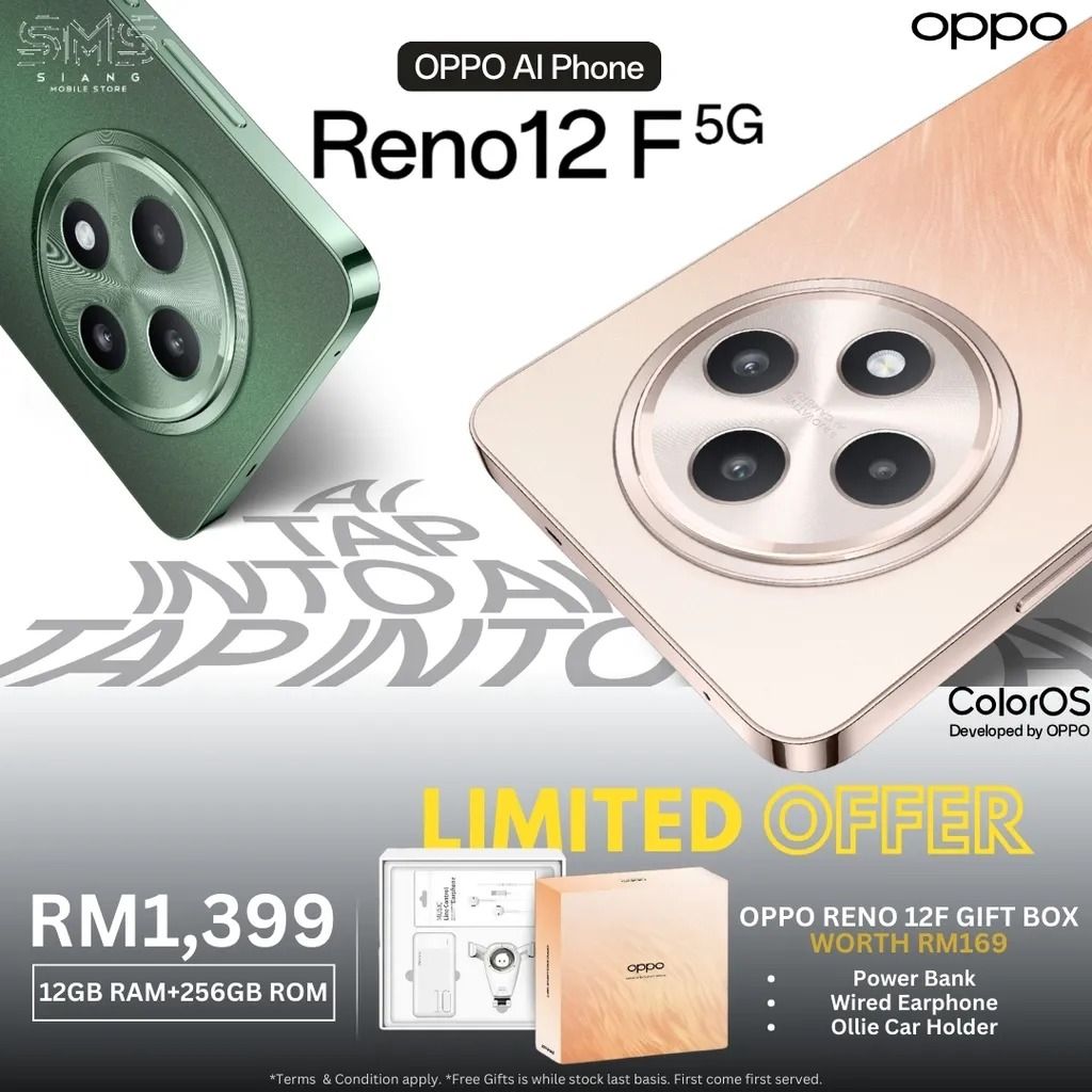 Oppo Reno 12F 4G Key Features RAM: 8GB Storage: 256GB OS:  , ColorOS 14 Camera: 50MP + 8MP + 2MP Selfie: 32MP Display: 6.67 inch, AMOLED,120Hz Processor: Qualcomm SM6225 Android 14 ,SMARTPHONES