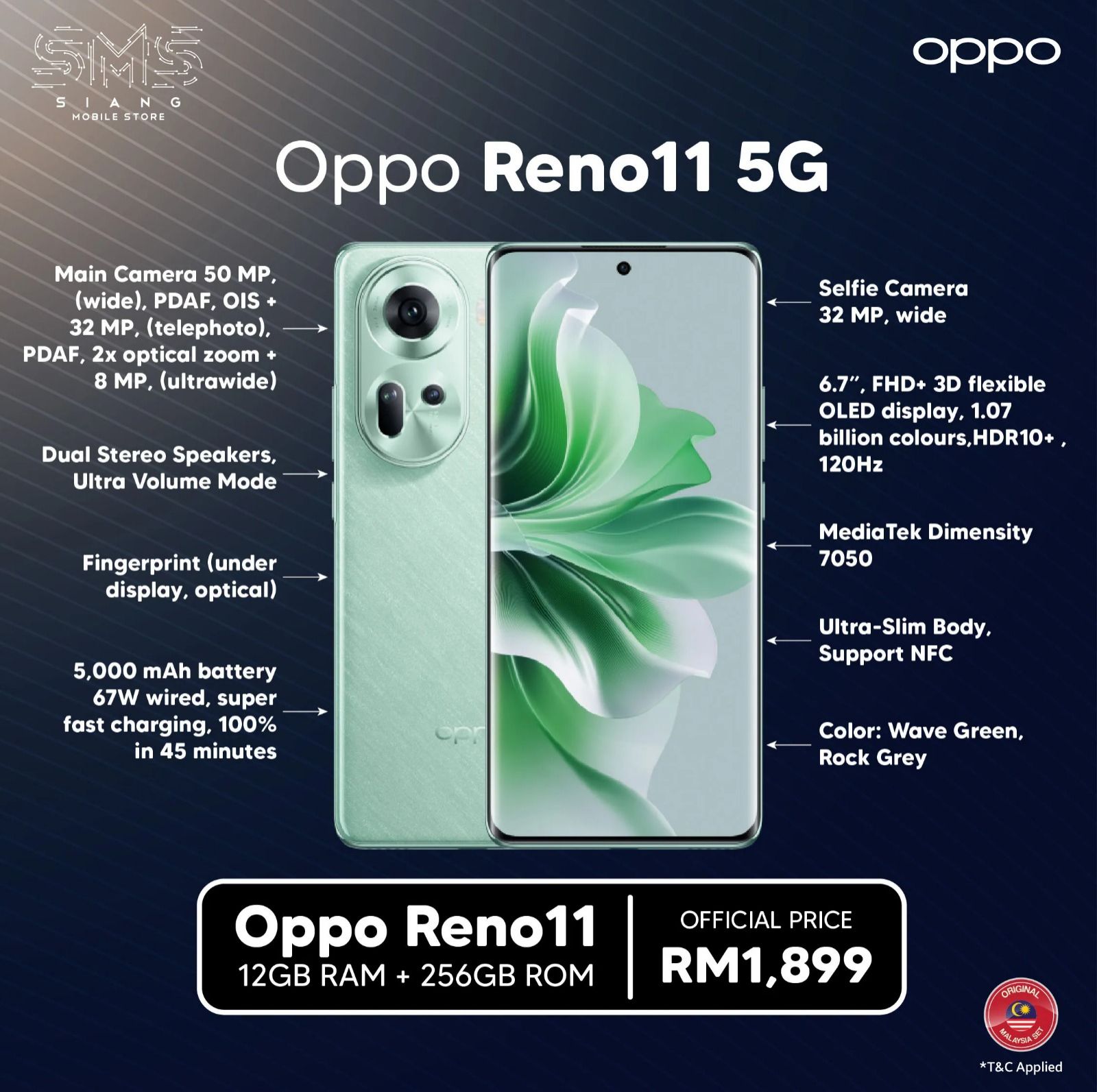 Oppo RENO 11 5G,12GB RAM + 256GB Storage Waterproof and dust resistant IP65 6.7",5000 mAh-Dual sim ,50MP Camera 67W 50000mAh Type C Charging system Android 14 Dual sim Side Fingerprint Smartphones