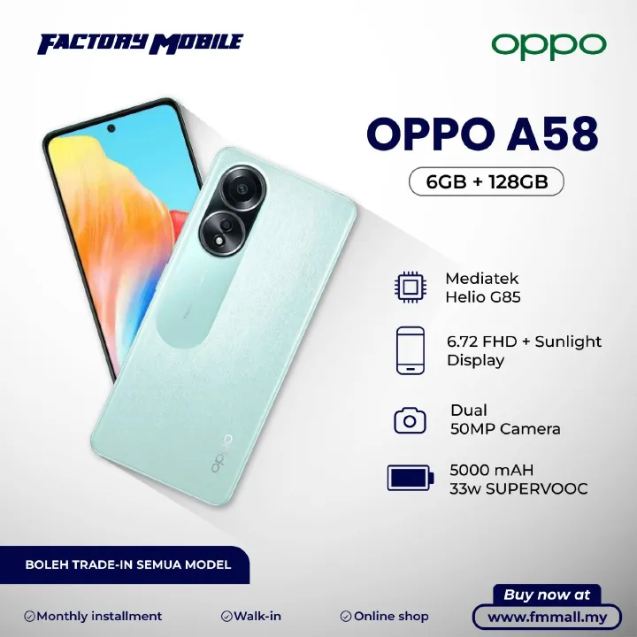 Brand New OPPO A58 8GB RAM+128GB ROM 6.72" 90Hz FHD+ Display 50MP Camera 8.0 MP SELFIE Dual Stereo Speakers 33W 5000mAh BATTERY CAPACITY Type-C SMARTPHONES