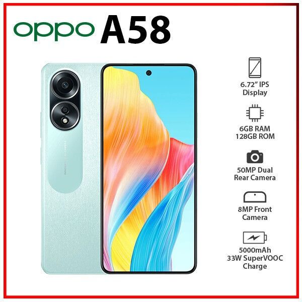 Brand New OPPO A58 8GB RAM+128GB ROM 6.72" 90Hz FHD+ Display 50MP Camera 8.0 MP SELFIE Dual Stereo Speakers 33W 5000mAh BATTERY CAPACITY Type-C SMARTPHONES