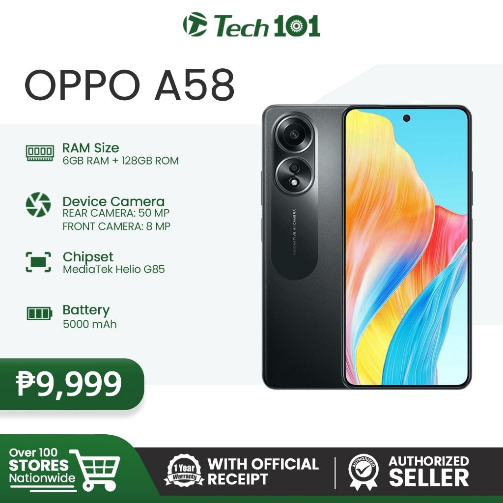Brand New OPPO A58 8GB RAM+128GB ROM 6.72" 90Hz FHD+ Display 50MP Camera 8.0 MP SELFIE Dual Stereo Speakers 33W 5000mAh BATTERY CAPACITY Type-C SMARTPHONES