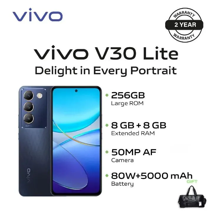 VIVO V30 Lite 256GB ROM UPTO 8GB ROM(8+8GB EXTENDABLE) 6.67''120Hz Amoled Display Snapdragon 695 SoC 64 +8 +2MP Camera 50MP Selfie Camera Dual Sim 80W + 5000mAh Smart Phone