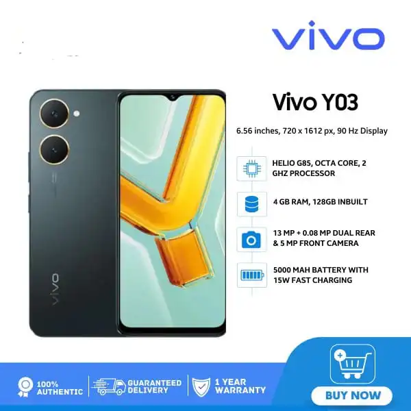 Brand New Smart Phone vivo Y03 - 6.56'' - 4GB RAM + 64GB ROM - Dual SIM - 5000mAh battery capacity Android 14 smartphone